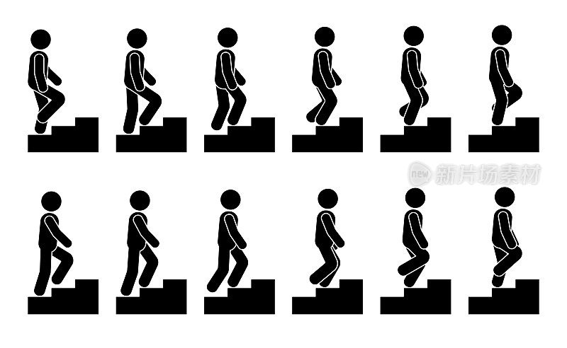 Stick figure male on stairs icon set. Vector man walking step by step sequence pictogram